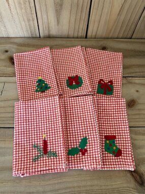 Set of 6 Embroidered Checked Fabric Christmas Napkins 12-1/2"